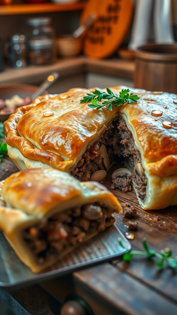 Golden ushanka pie with flaky crust and savory meat filling on a rustic table.